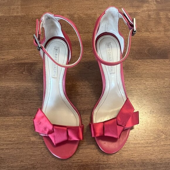 BCBGMaxAzria Pavli red satin leather heels sandals ankle strap 6.5M - Picture 1 of 12
